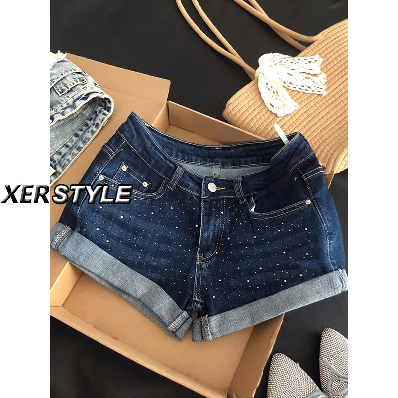 145小个子深蓝色烫钻卷边牛仔超短裤女夏季新款低腰性感包臀热裤