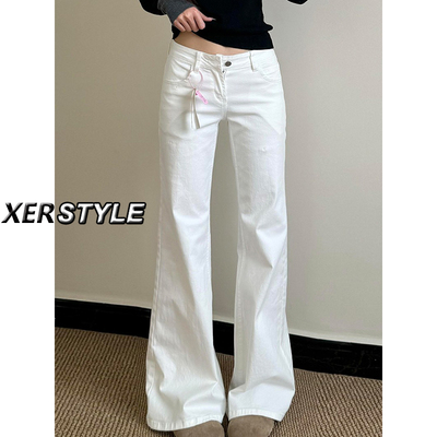 145小个子美式白色微喇牛仔裤女夏季低腰弹力不贴腿显瘦马蹄长裤