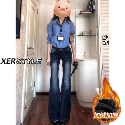 145小个子高街复古低腰微喇牛仔裤女加绒加厚辣妹修身弹力喇叭裤