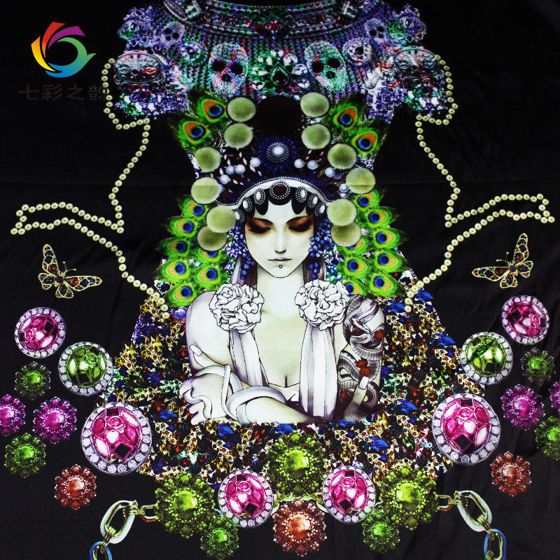 七彩之韵京剧花旦定位印花真丝弹力缎面布料民族汉服旗袍面料促销