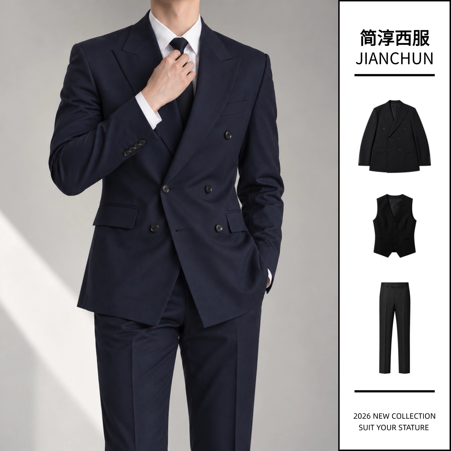 藏蓝色双排扣西装男士上班西服套装商务正装学生职场修身正装秋季