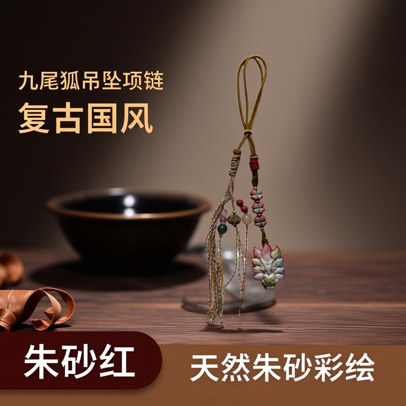 天然朱砂红砂彩绘九尾狐吊坠项链本命年挂件旗袍压襟复古国风文玩