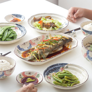 日式盘子菜盘家用长方形鱼盘餐具套装创意蒸鱼盘饭碗菜碟陶瓷碟子
