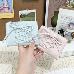 钱包女小众设计感多功能拉链零钱卡包一体包 芭蕾风蝴蝶结绑带短款