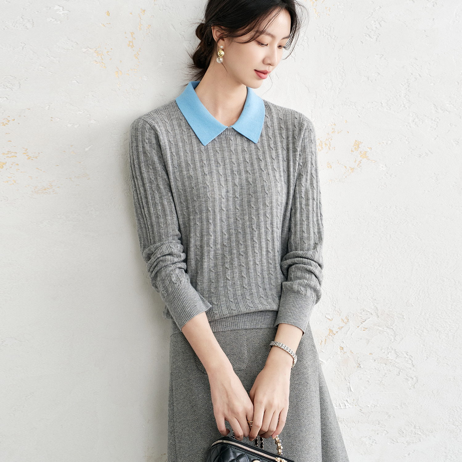 OFFIY撞色翻领绵羊毛秋冬针织衫