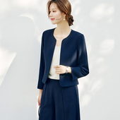 OFFIY 上衣藏蓝通勤职场显瘦小外套西装 高腰 小个子好穿无领短款