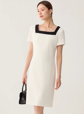 OFFIY-经典Th***y风 简约黑白拼色 夏日通勤OL复古方领短袖连衣裙