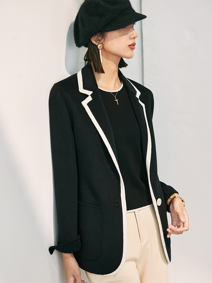 有帆羊绒羊毛双面呢通勤拼色西装