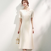 OFFIY 场合富家千金连衣裙 气质正式 贵气真公主 白色天鹅领短袖