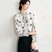 优雅大小姐 温柔复古玫瑰印花 飘带花边领早秋通勤长袖 OFFIY 衬衫