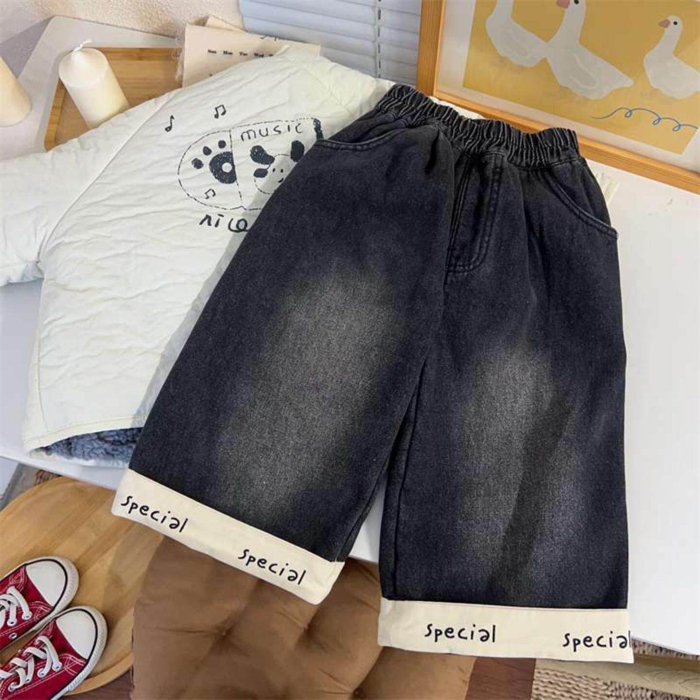 儿童加绒阔腿牛仔裤保暖直筒裤新款冬季男童女宝洋气加厚休闲长裤