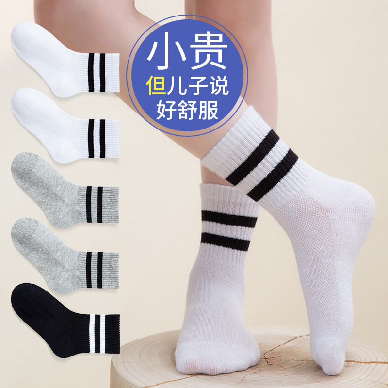 儿童袜子春秋薄款男童纯棉学生袜大童男孩女童白色网眼运动中筒袜