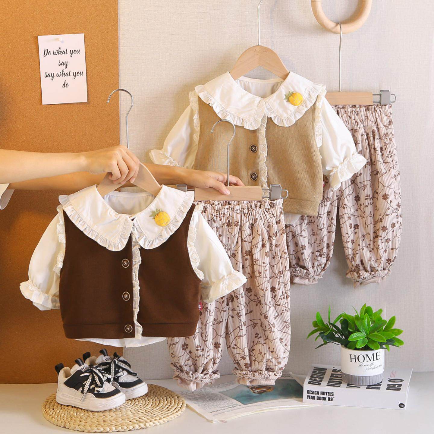 女童洋气春秋季花边马甲三件套女孩2026新款韩版套装春装宝宝潮