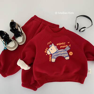 儿童加绒套装2025冬季新款男女童小马红色喜庆新年运动两件套