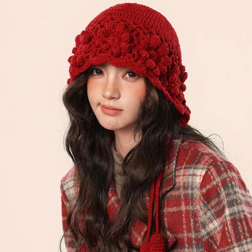韩版毛线帽洋气百搭花朵编制男女套头帽户外护耳保暖时尚潮流帽子
