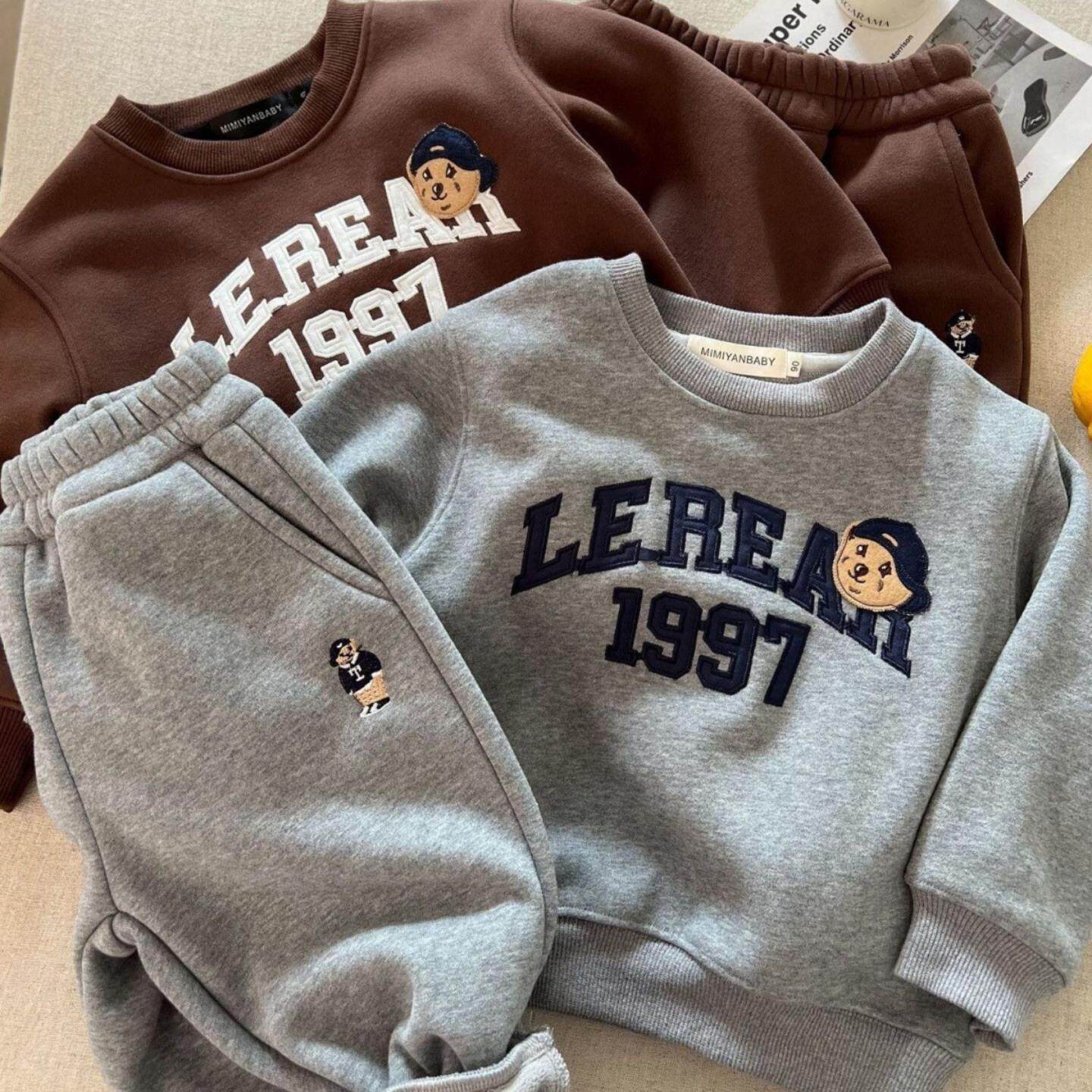 新款儿童男女童冬季宝宝运加厚加绒套装动小熊卡通卫衣卫裤两件套