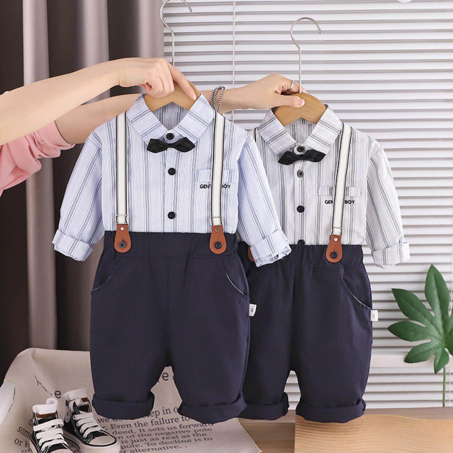 儿童长袖竖条衬衫背带裤套装2026新款男童宝宝春秋装休闲两件套