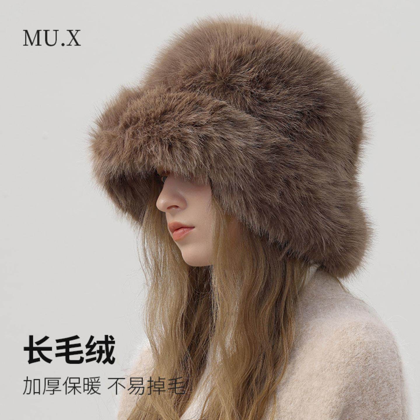 韩版百搭保暖护耳渔夫帽秋冬宽檐加厚仿兔毛盆帽纯色长毛绒帽
