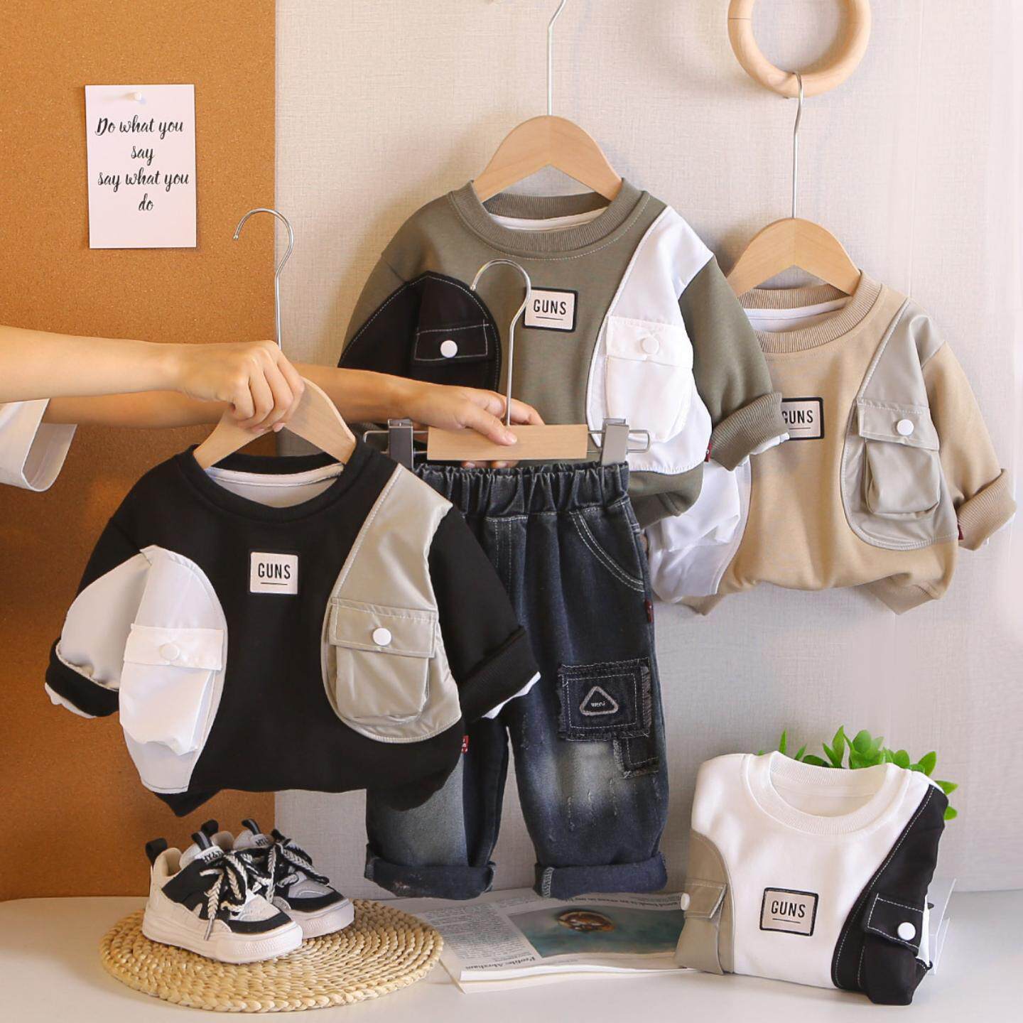 男童春装儿童两色口袋卫衣套装2026新款1一3岁宝宝春秋两件套男孩