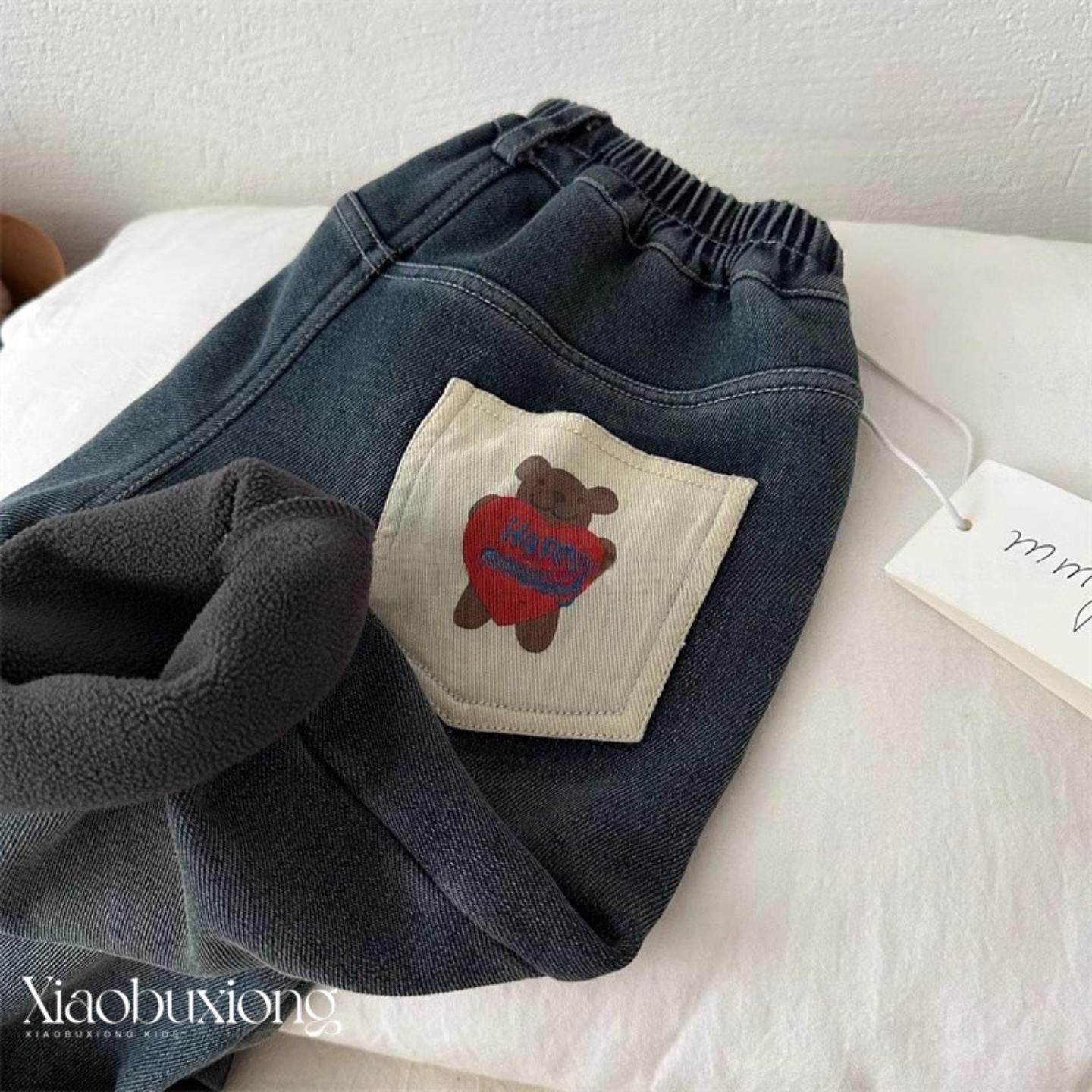 小布熊儿童长裤冬男女童卡通小熊加绒牛仔裤宝宝一体绒休闲直筒裤