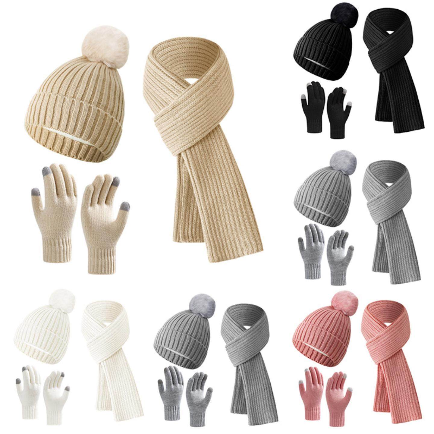 2024新款冬季保暖针织毛线加绒加厚手套帽子围巾三件套