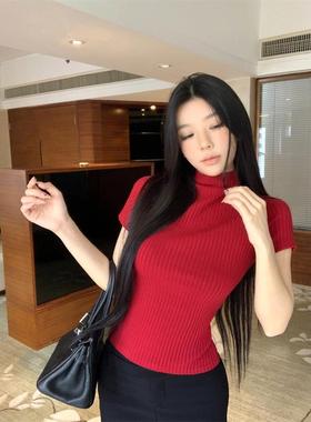 复古红色半高领短袖针织衫女秋季弹力紧身打底衫辣妹修身百搭上衣