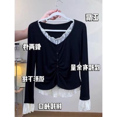 大码蕾丝拼接假两件长袖T