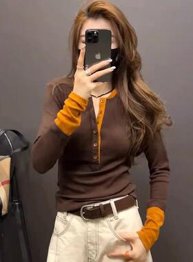 撞色拼接咖色低领毛衣打底衫女2025新款内搭秋冬外穿针织衫上衣