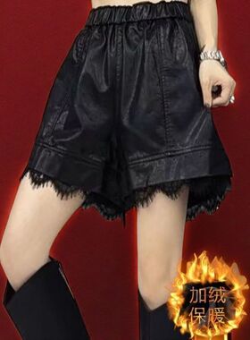 时尚秋冬短裤女外穿宽松pu复古美拉德靴裤休闲高腰裤裙高档阔腿裤