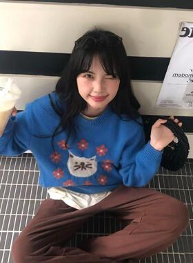 PPHOME巨好看的韩系气质氛围感小个子超好看百搭蓝色毛衣女