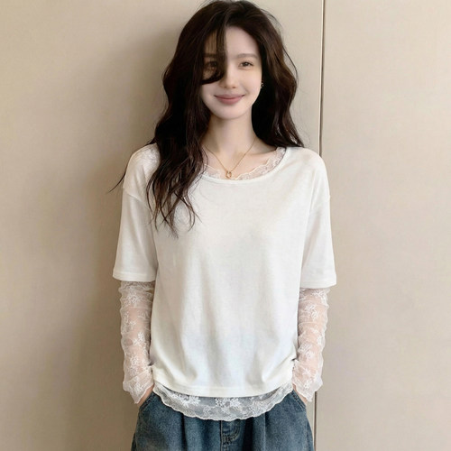 独特漂亮网纱蕾丝拼接长袖T恤女春季大码胖mm遮肚显瘦假两件上衣