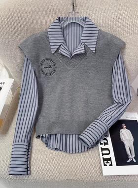 条纹衬衫叠穿针织马甲女2025春秋新款设计感小众灰色V领毛衣套装