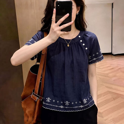 设计感撞色刺绣圆领衬衫女夏季大码胖mm韩系复古气质百搭洋气上衣