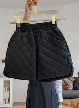 设计感夹棉休闲短裤女秋冬2025新款松紧腰靴裤复古菱格阔腿裤棉裤