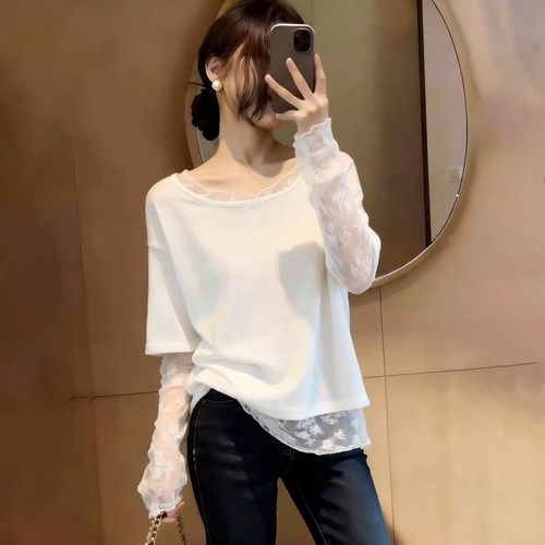 不规则网纱蕾丝拼接假两件T恤女春季大码胖妹妹洋气时尚百搭上衣