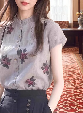 印花短袖衬衫女士设计感小众夏季独特别致宽松薄款气质女士上衣