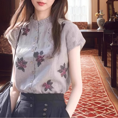 印花短袖衬衫女士设计感夏季薄款