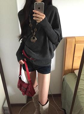 古早感灰色蝙蝠袖收腰针织衫女2025秋冬新款内搭堆堆领不规则毛衣