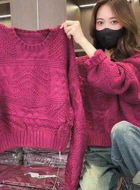 外穿上衣短款女玫红色2025时尚高级感秋冬宽松毛衣上衣新款针织衫