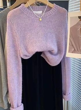 捡漏~法式圆领长袖针织衫女2025春秋新款紫色减龄百搭上衣潮