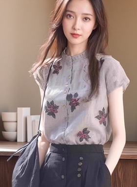 法式复古碎花立领短袖亚麻衬衫女设计感小众独特别致辣妹绝美上衣