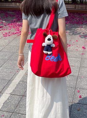 自制款春夏新款糖果色帆布包学生党单肩包大容量百搭双层托特布包