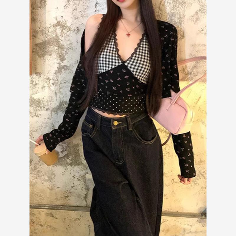 春季新款黑色吊带背心女内搭碎花辣妹性感v领短款上衣开衫两件套
