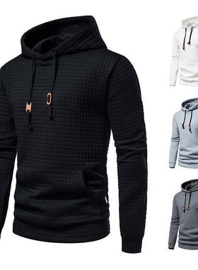 2025外贸新款欧码男士休闲套头提花卫衣男亚马逊格子绗棉面料连帽