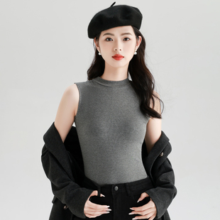 灰色无袖背心女内搭外穿春秋T恤莫代尔抓毛上衣保暖搭西装打底衫