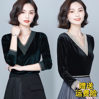 金丝绒女上衣大码高端女装减龄长袖小衫秋季新款遮肚子v领打底衫