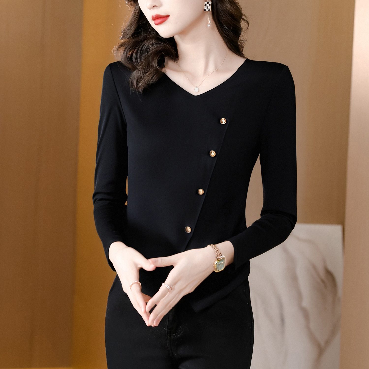 法式黑色长袖针织衫针织衫