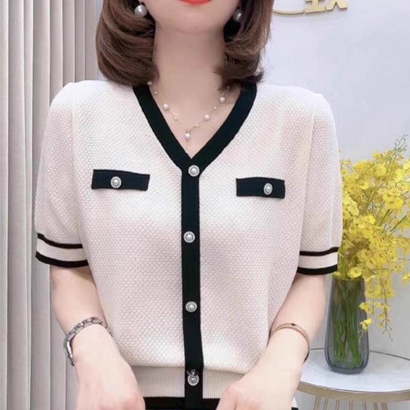 小香风欧货V领天丝短袖针织衫女2025夏季新款设计感小众显瘦上衣