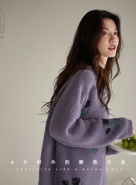 妮狄娅睡衣女秋冬季保暖软绵绵甜美少女半边绒时尚紫色家居服套装