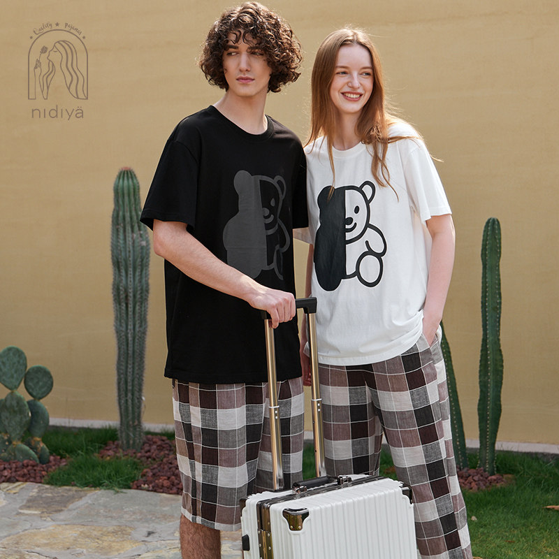 妮狄娅情侣纯棉睡衣女夏季短袖长裤卡通男士休闲可外穿家居服套装